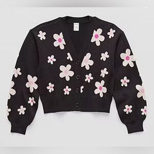 Girls' Black Floral Button Cardigan Sweater- size 6/6x